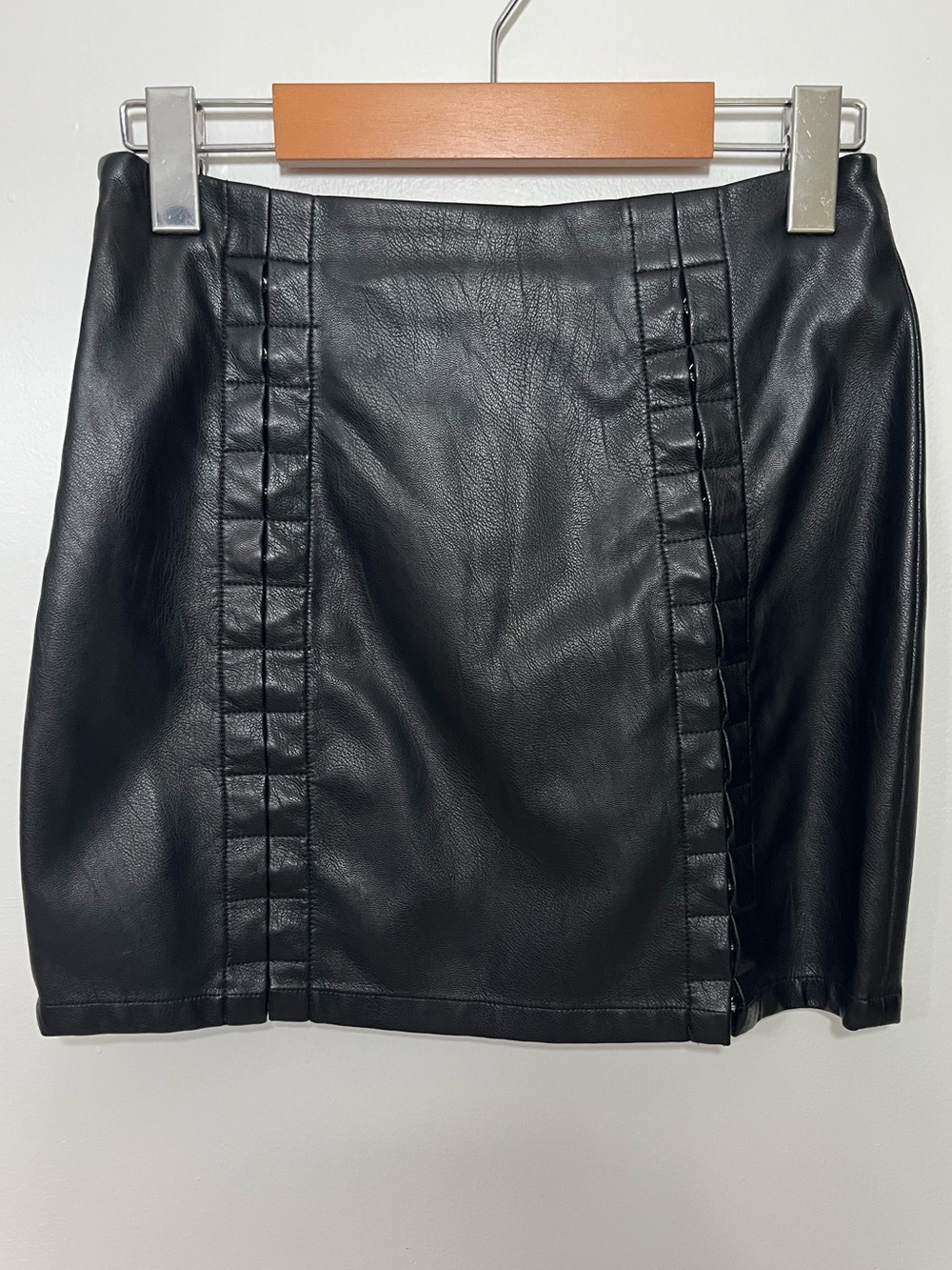 Black Faux Leather Mini Skirt with Corset Hook Details